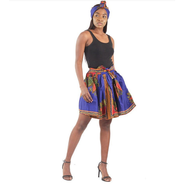 African Traditional Royal Blue Pattern Flare Mini Skirt with Matching Headwrap