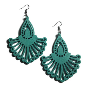 Teal Flare Statement Dangle Wood Earrings