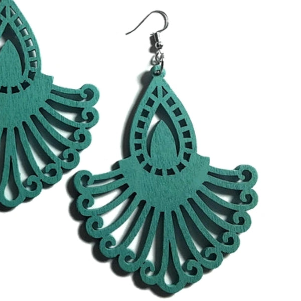 Teal Flare Statement Dangle Wood Earrings