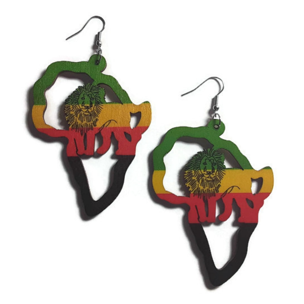 Africa Rasta Lion of Judah Statement Dangle Wood Earrings