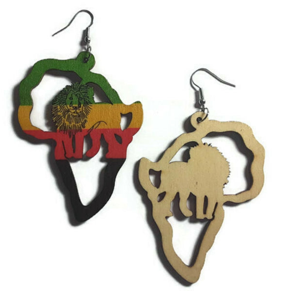 Africa Rasta Lion of Judah Statement Dangle Wood Earrings