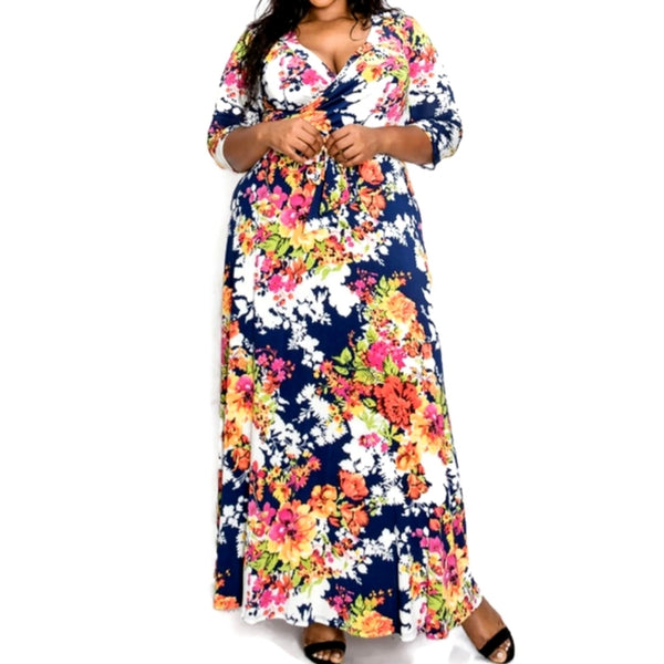 Tropical Faux Wrap Maxi Plussize Dress