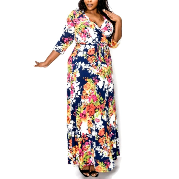 Tropical Faux Wrap Maxi Plussize Dress