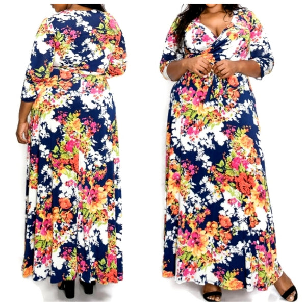 Tropical Faux Wrap Maxi Plussize Dress