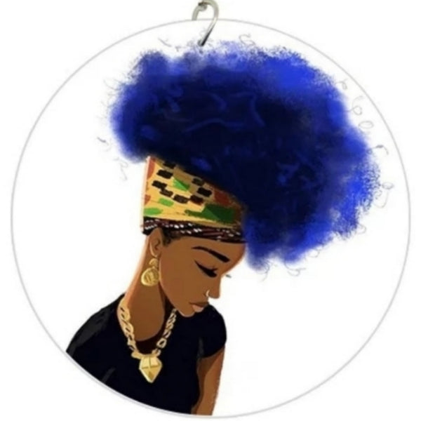 Blue Afro Lady Statement Dangle Wood Earrings