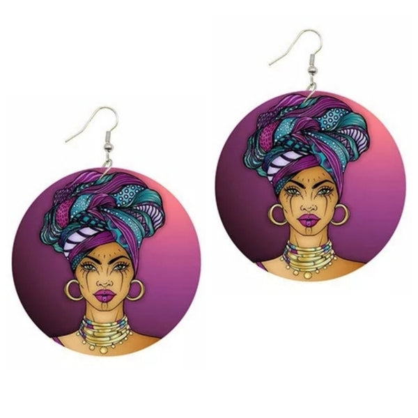 Purple Headwrap Empress Statement Dangle Wood Earrings