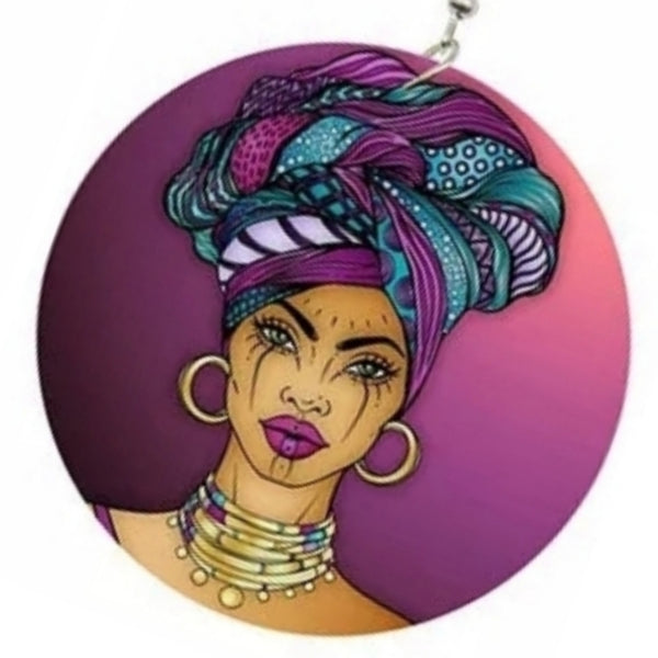 Purple Headwrap Empress Statement Dangle Wood Earrings