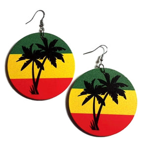 Palm Trees Black Green Yellow Red Statement Dangle Wood Earrings