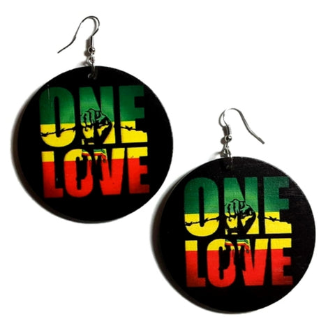 ONE LOVE Power Fist Rasta Statement Dangle Wood Earrings