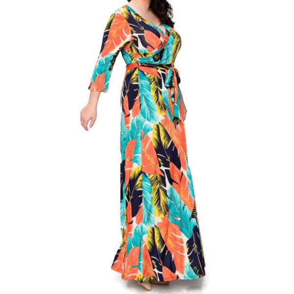 Aqua Orange Palm Tree Leaves Faux Wrap Maxi Plussize Dress