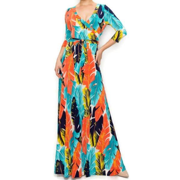 Aqua Orange Palm Tree Leaves Faux Wrap Maxi Dress