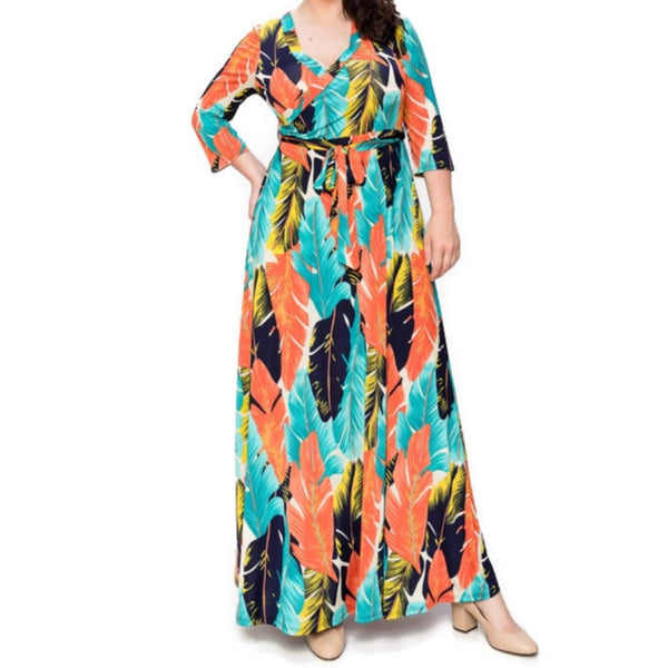 Aqua Orange Palm Tree Leaves Faux Wrap Maxi Plussize Dress