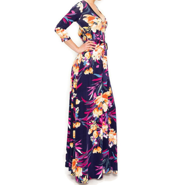 Purple Rust Floral Flare Faux Wrap Maxi Dress