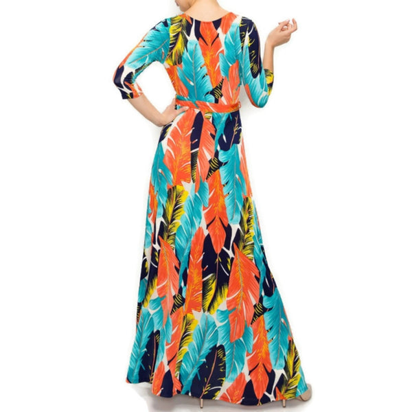 Aqua Orange Palm Tree Leaves Faux Wrap Maxi Dress