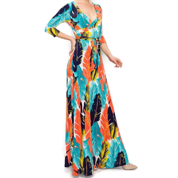 Aqua Orange Palm Tree Leaves Faux Wrap Maxi Dress