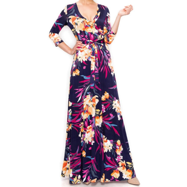 Purple Rust Floral Flare Faux Wrap Maxi Dress