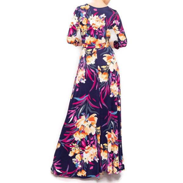 Purple Rust Floral Flare Faux Wrap Maxi Dress