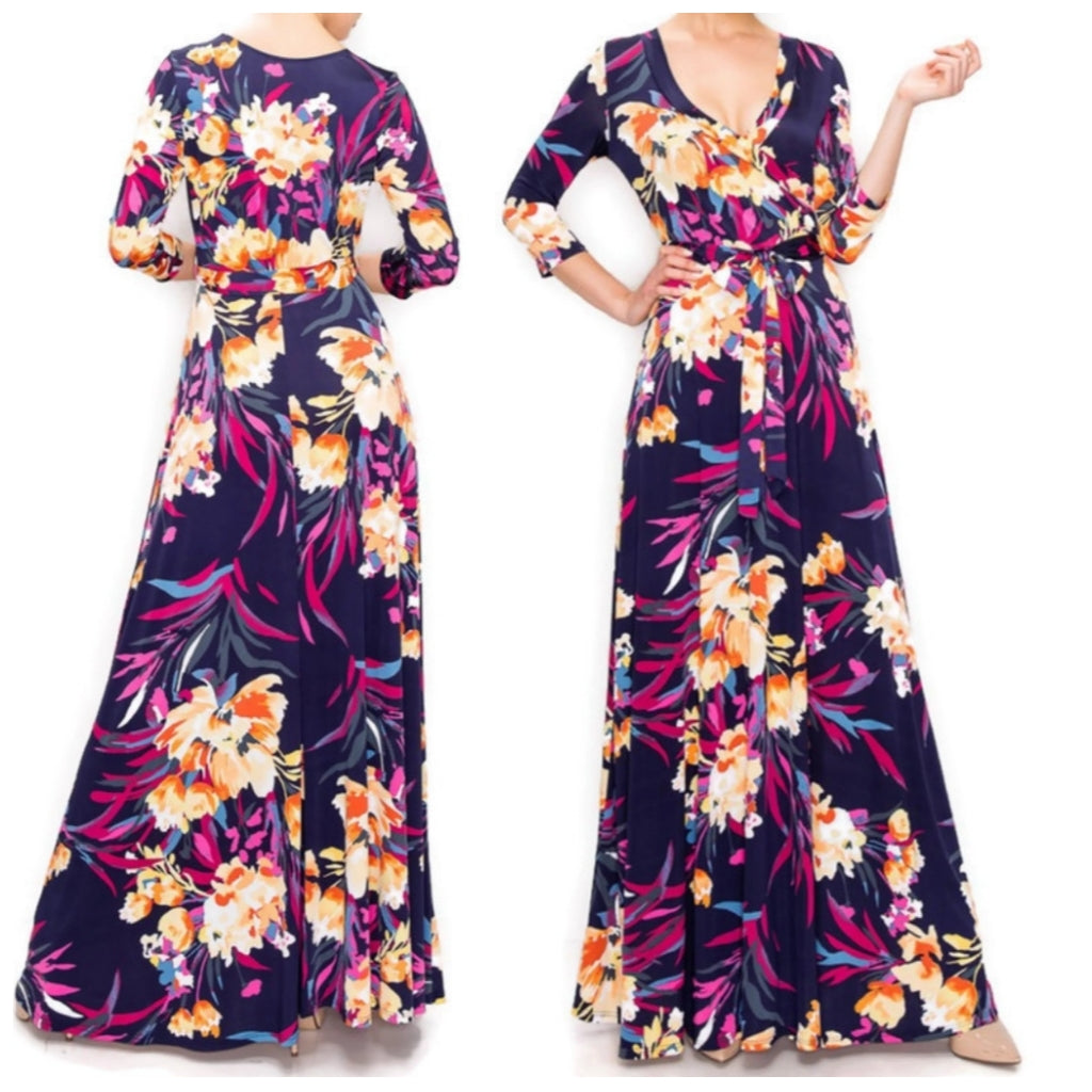 Purple Rust Floral Flare Faux Wrap Maxi Dress