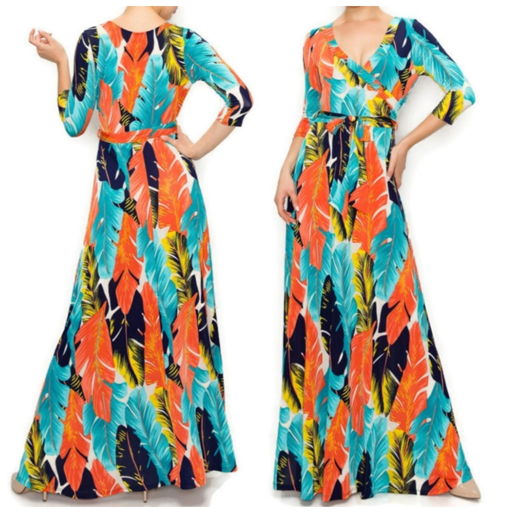 Aqua Orange Palm Tree Leaves Faux Wrap Maxi Dress