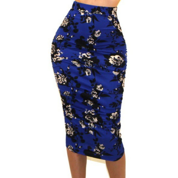 Got Style Royal Blue White Floral Ruched Frill High Waist Mid Calf Casual Pencil Skirt