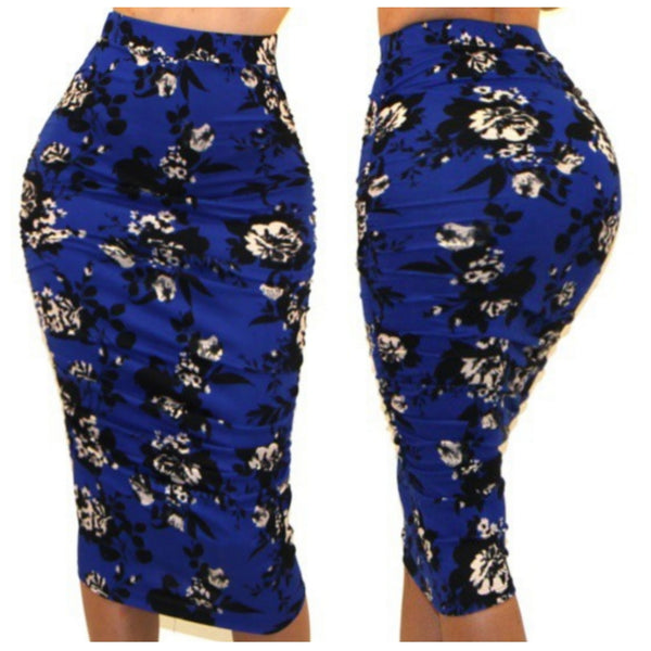 Got Style Royal Blue White Floral Ruched Frill High Waist Mid Calf Casual Pencil Skirt