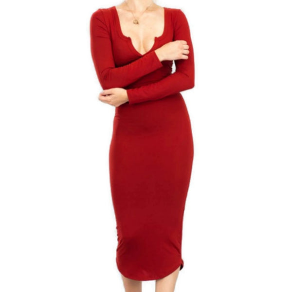 Capella Basic Bodycon Casual V-neck Long Sleeve Dress