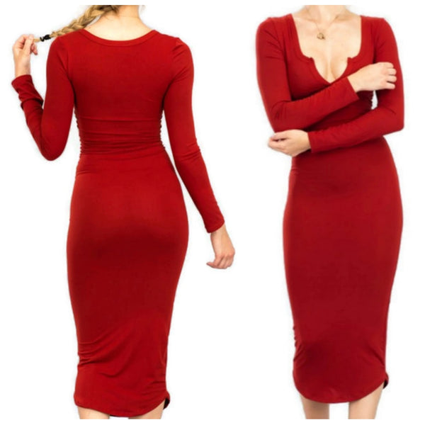 Capella Basic Bodycon Casual V-neck Long Sleeve Dress