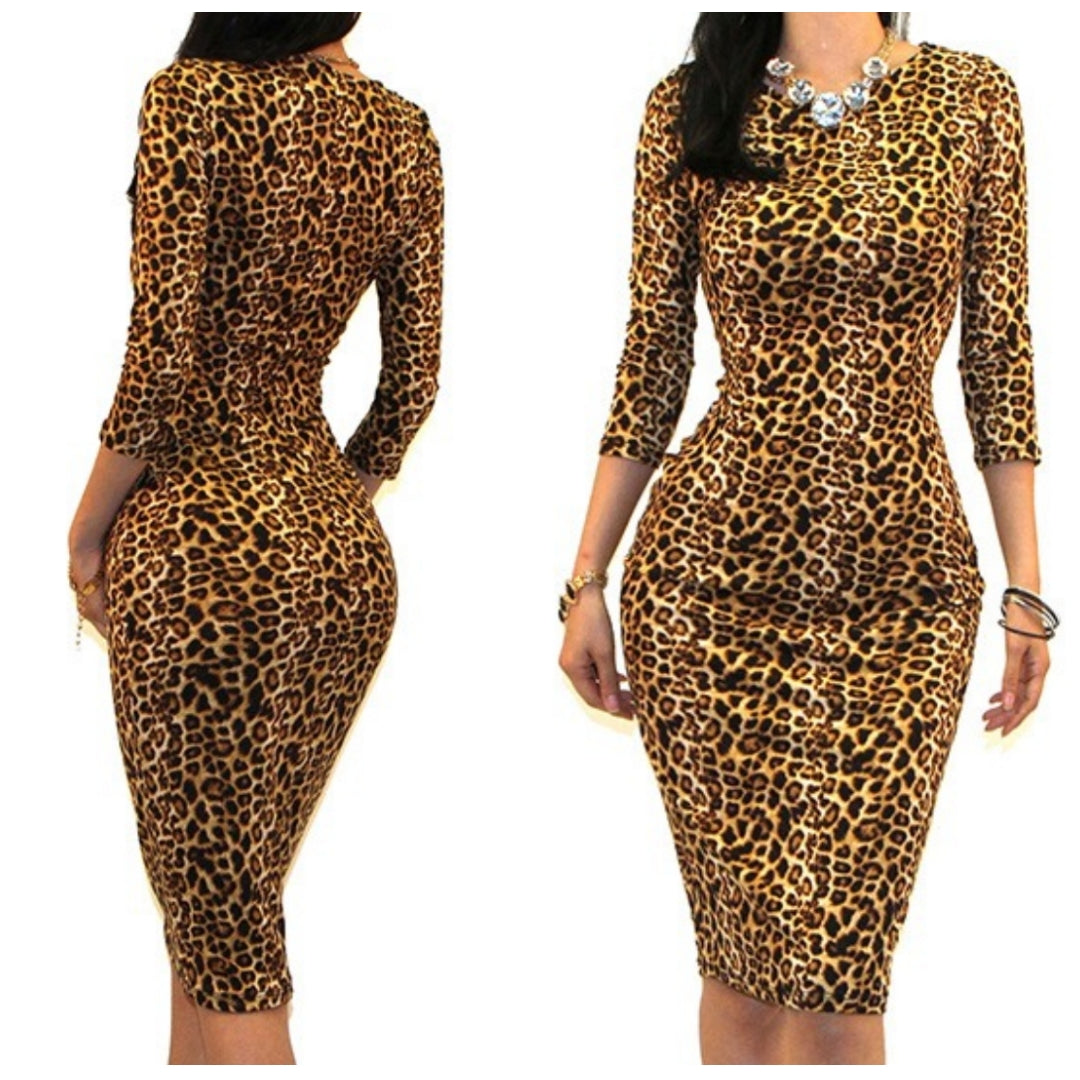 Got Style Cheetah Print 3/4 Sleeve Bodycon Party Cocktail Dress