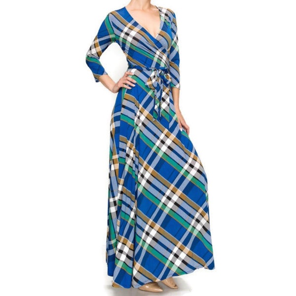 Blue Green Plaid Faux Wrap Maxi Dress