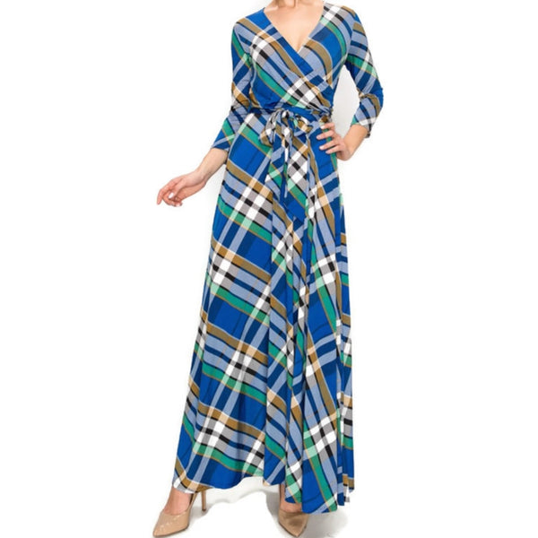 Blue Green Plaid Faux Wrap Maxi Dress