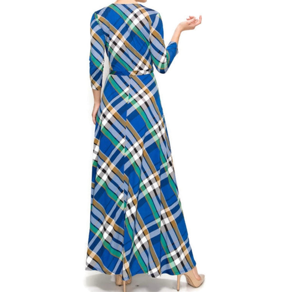 Blue Green Plaid Faux Wrap Maxi Dress