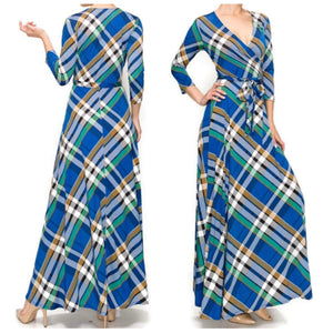 Blue Green Plaid Faux Wrap Maxi Dress