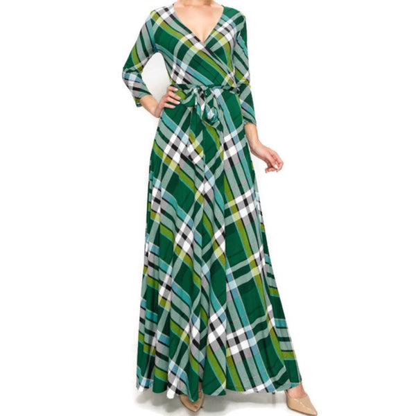 Green Black Plaid Faux Wrap Maxi Dress