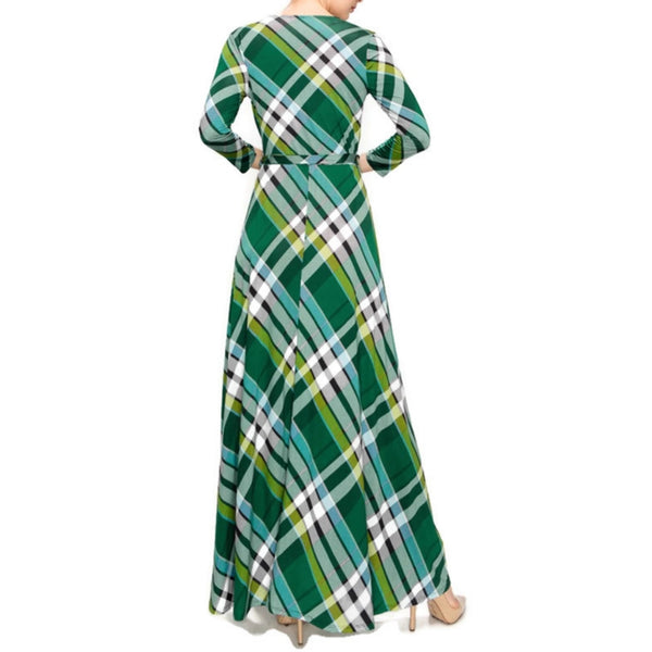 Green Black Plaid Faux Wrap Maxi Dress