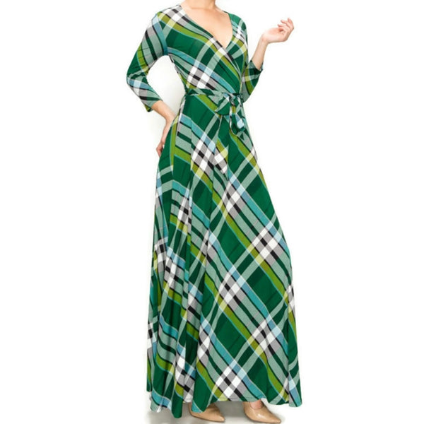 Green Black Plaid Faux Wrap Maxi Dress