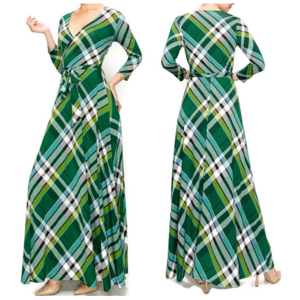 Green Black Plaid Faux Wrap Maxi Dress