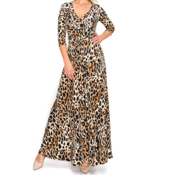 Cheetah Print Faux Wrap Maxi Dress