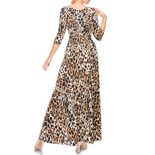 Cheetah Print Faux Wrap Maxi Dress