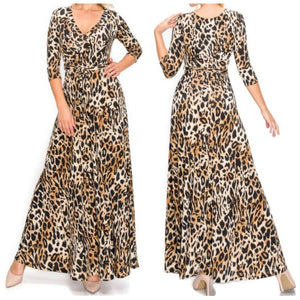 Cheetah Print Faux Wrap Maxi Dress