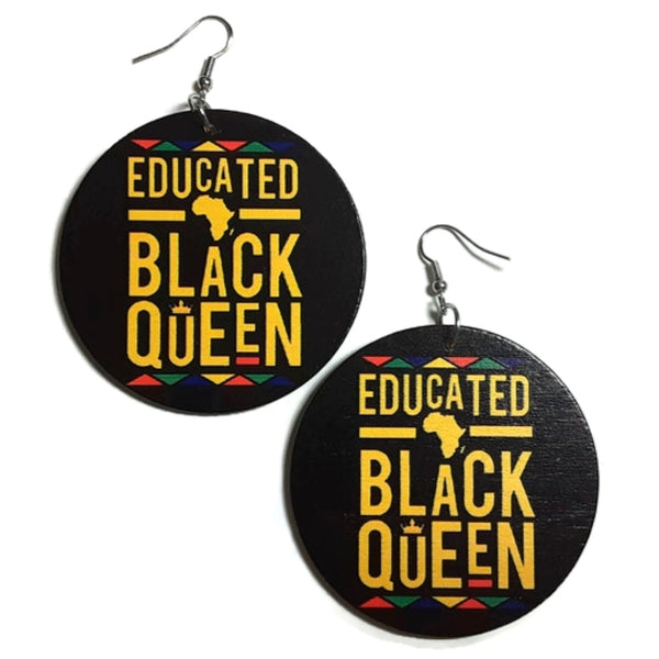 EDUCATED Black QUEEN Statement Dangle Wood Earrings