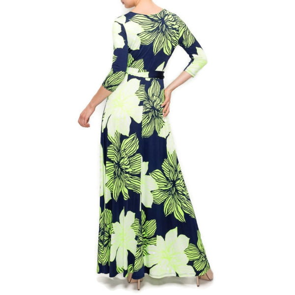 Navy Lime Amaryllis Floral Faux Wrap Maxi Dress