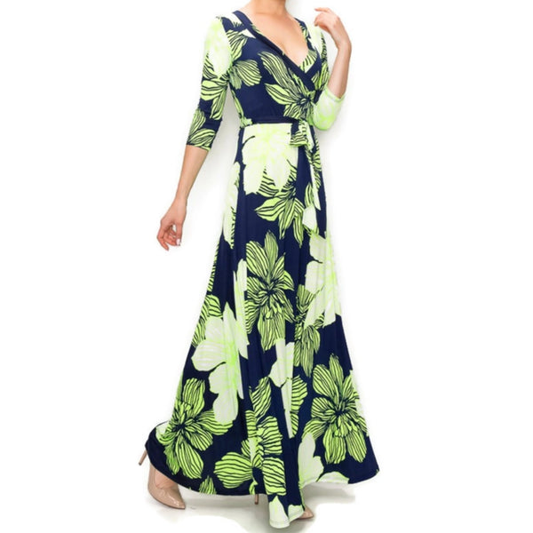 Navy Lime Amaryllis Floral Faux Wrap Maxi Dress