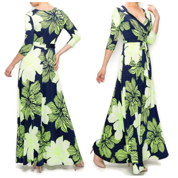 Navy Lime Amaryllis Floral Faux Wrap Maxi Dress