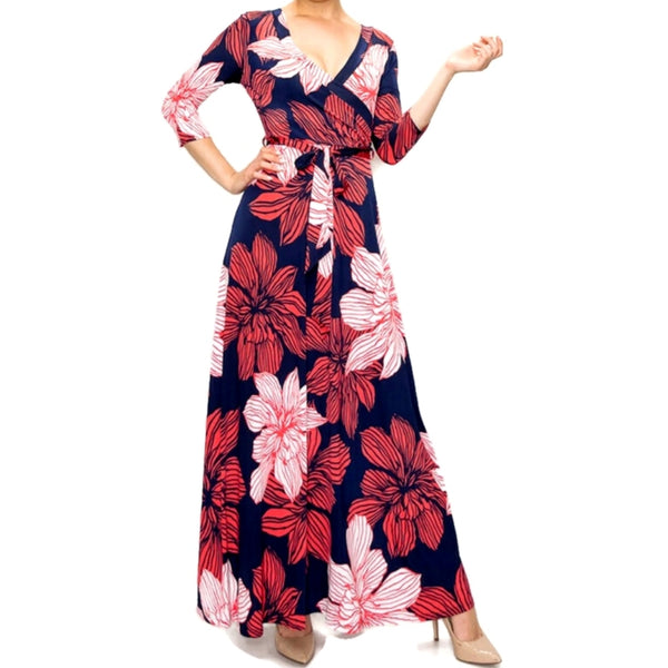 Navy Red Amaryllis Floral Faux Wrap Maxi Dress