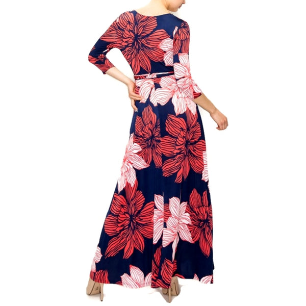 Navy Red Amaryllis Floral Faux Wrap Maxi Dress