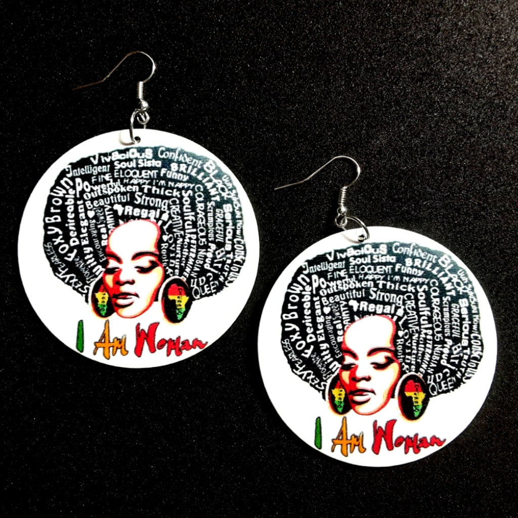 I Am Woman Statement Dangle Wood Earrings