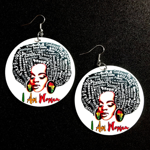 I Am Woman Statement Dangle Wood Earrings