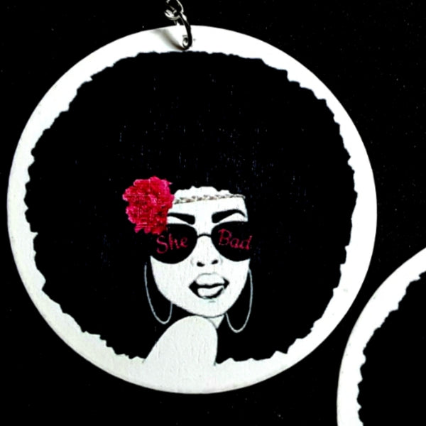 She Bad Afro Sunglasses Pink Flower Statement Dangle Wood Earrings