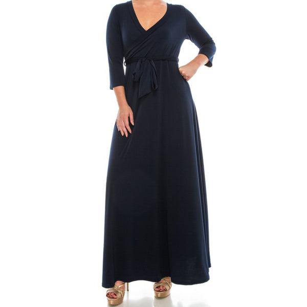 Navy Solid Faux Wrap 3/4 Sleeve Plussize Maxi Dress