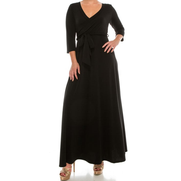 Black Solid Faux Wrap Plussize Maxi Dress